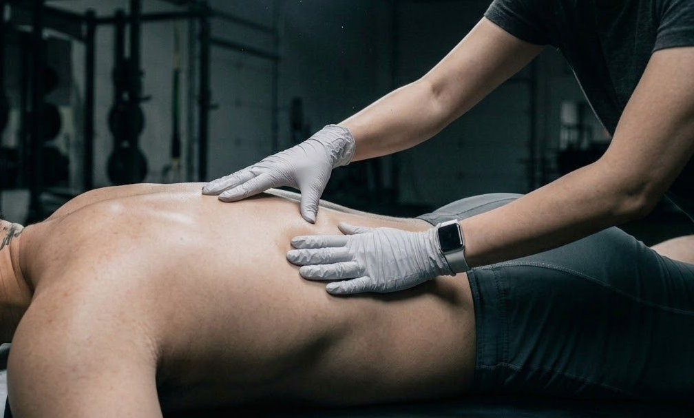 A person in gloves performs physical therapy or massage on the back of someone lying face down in a gym setting.