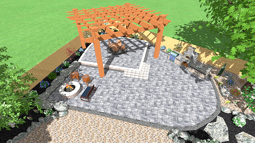 Rendering of a backyard patio with a pergola over a fire pit, surrounded by landscaping and seating.
