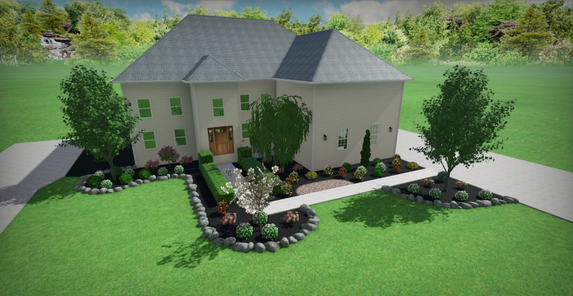 Two-story house with manicured landscaping and curved flowerbeds, framed by trees and a green lawn.