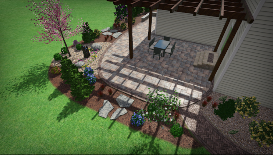 Landscaped backyard with pergola, stone patio, plants, and greenery.