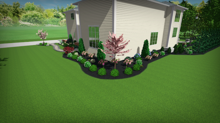 Rendering of a house with a landscaped yard and various plants and trees. Green grass and blue sky are visible.