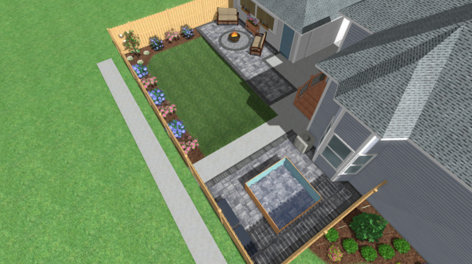 Overhead view of a backyard with a house. Features a patio, lawn, fence, and a fire pit.