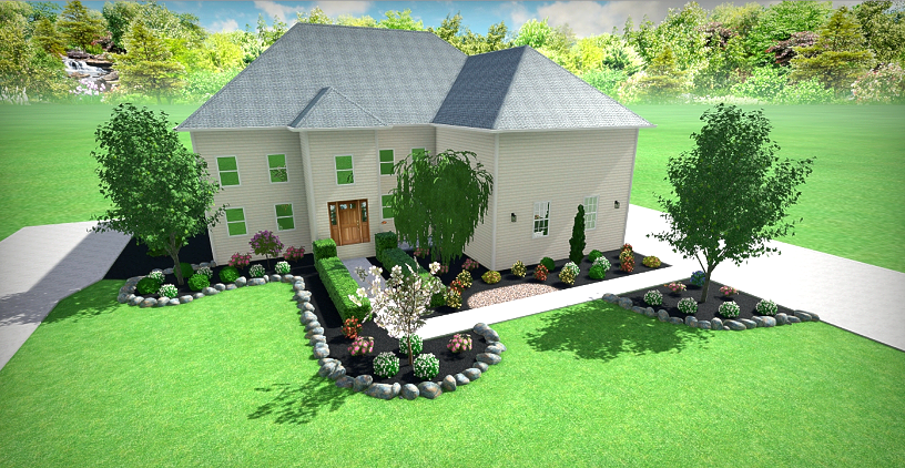 Two-story beige house with gray roof, surrounded by green grass and landscaping.
