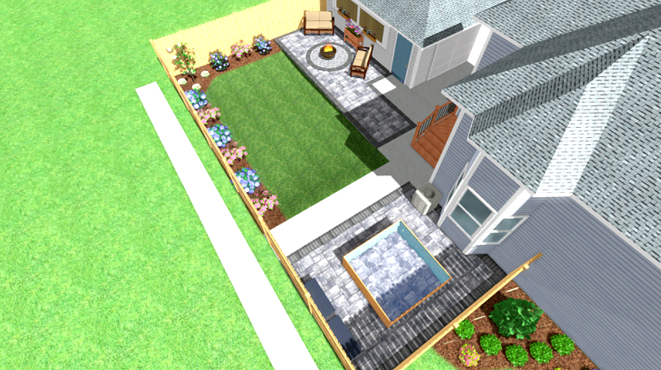 3D rendering of a backyard with a pool, lawn, seating area, fire pit, and fencing.
