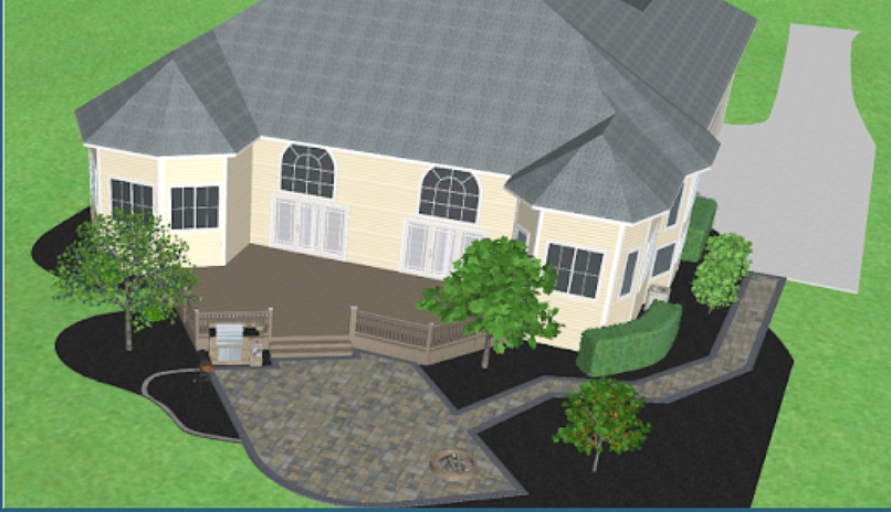 3D rendering of a house with a deck, patio, landscaping, and a driveway.
