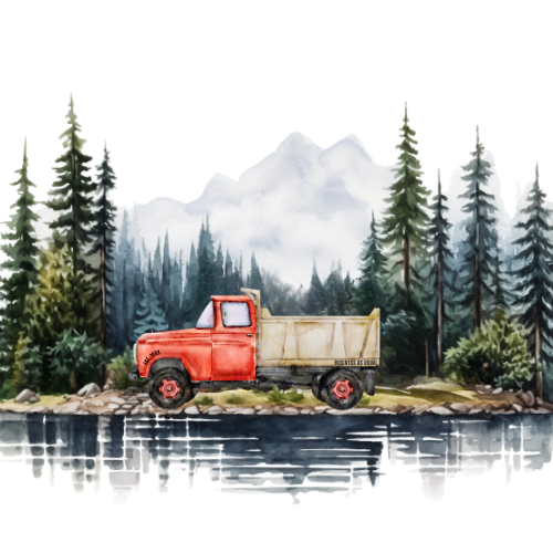 Red dump truck by water, evergreen forest, mountains in background. Watercolor style.