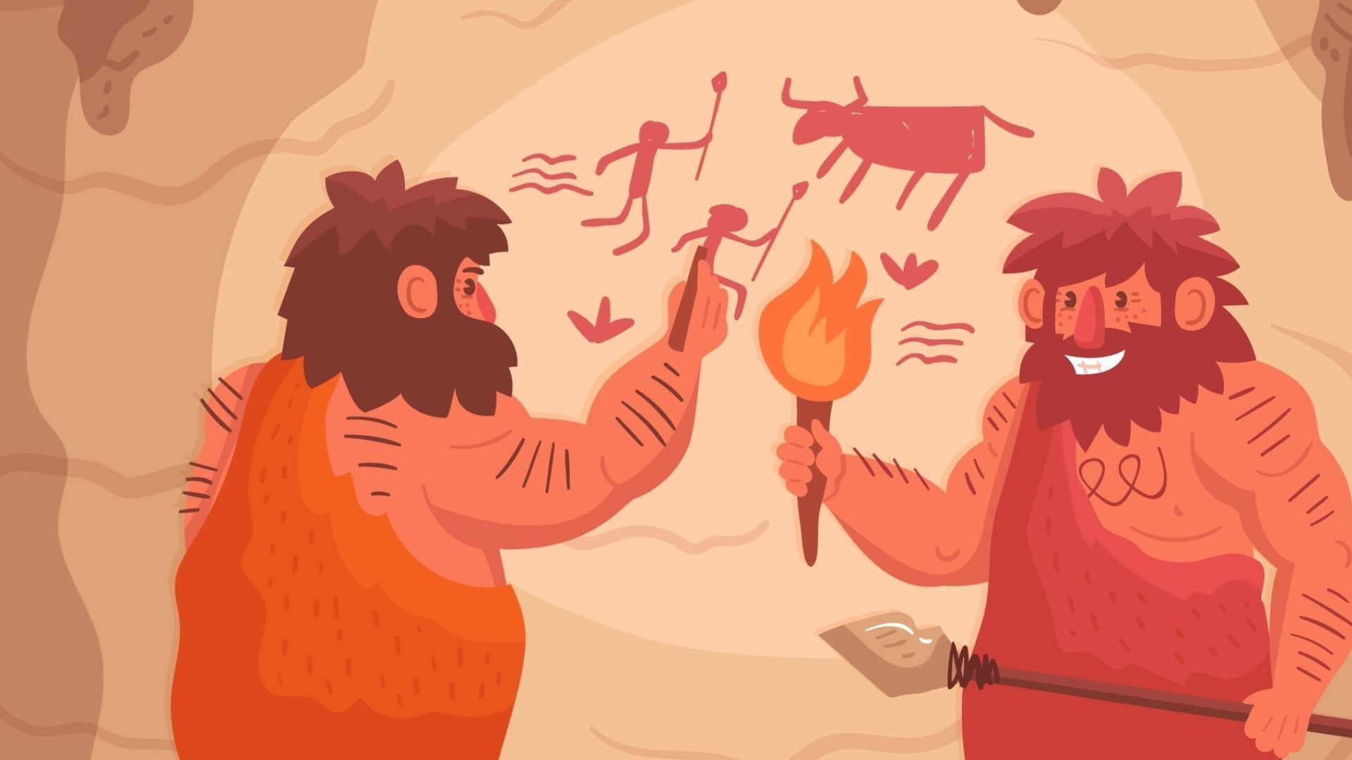 Two cavemen painting on cave wall with torch, red and brown tones.