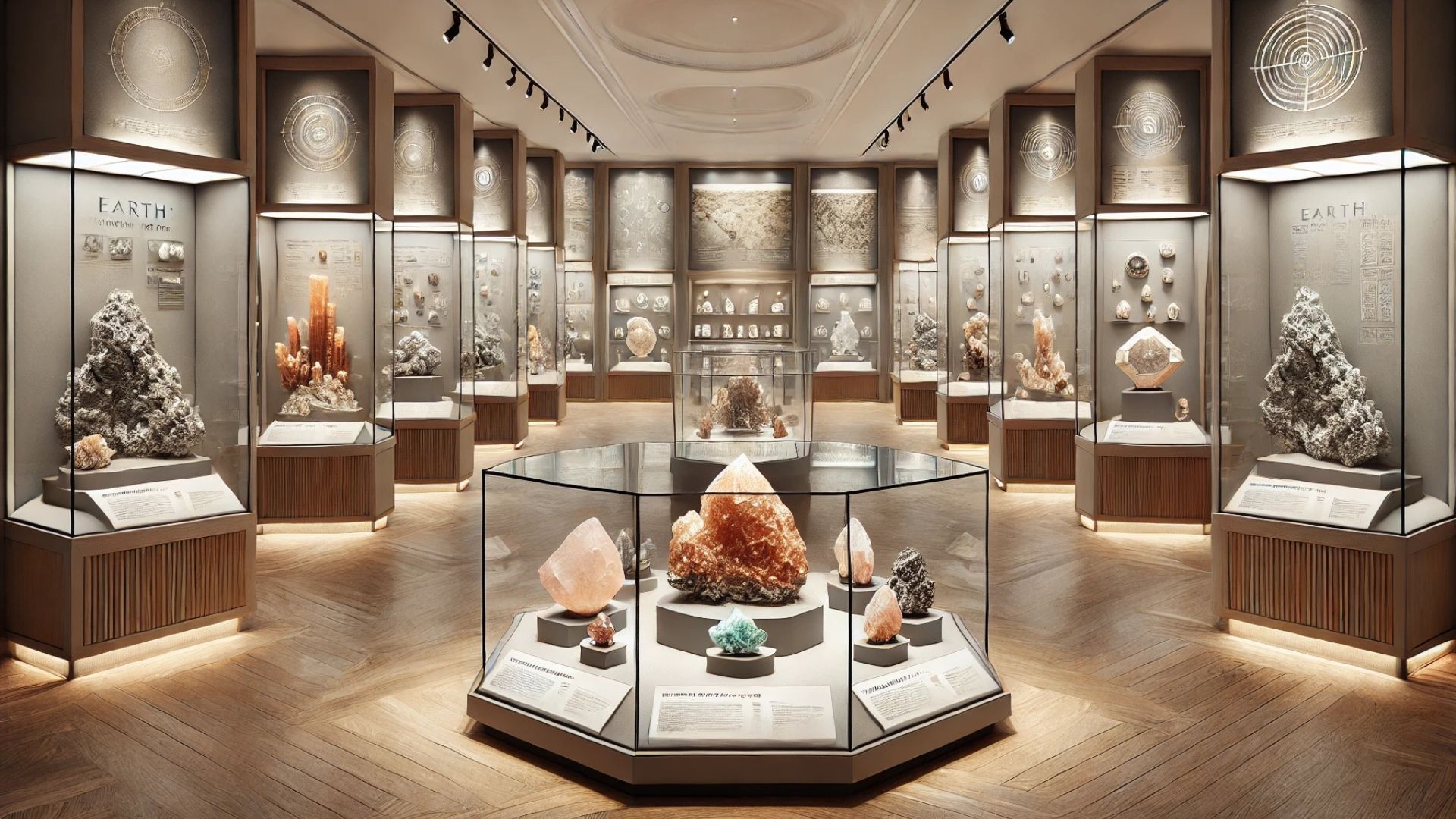 Mineral museum exhibit: glass display cases showcasing various colorful rocks and crystals under soft lighting.