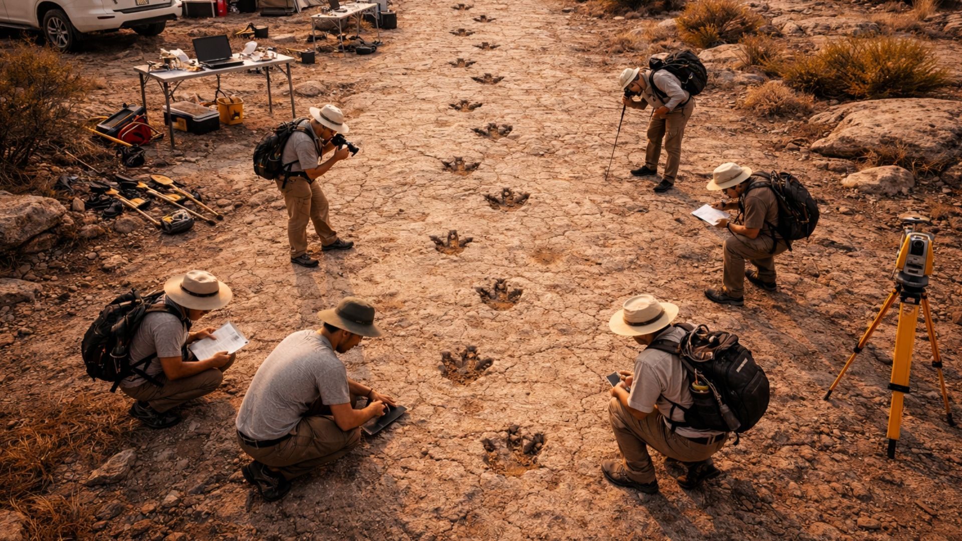 Paleontologists examining dinosaur footprints in arid environment.