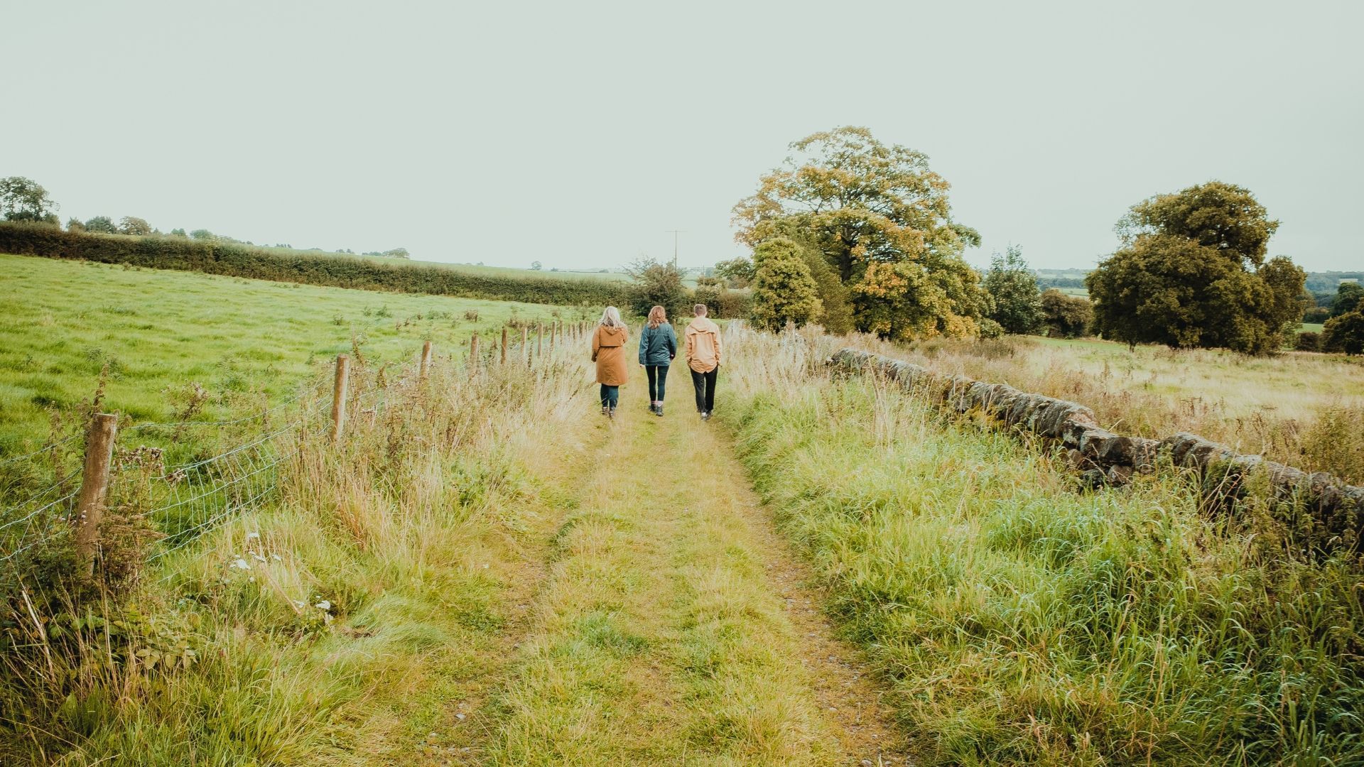 Three people walking on a grassy path through a field, surrounded by greenery and stone walls.