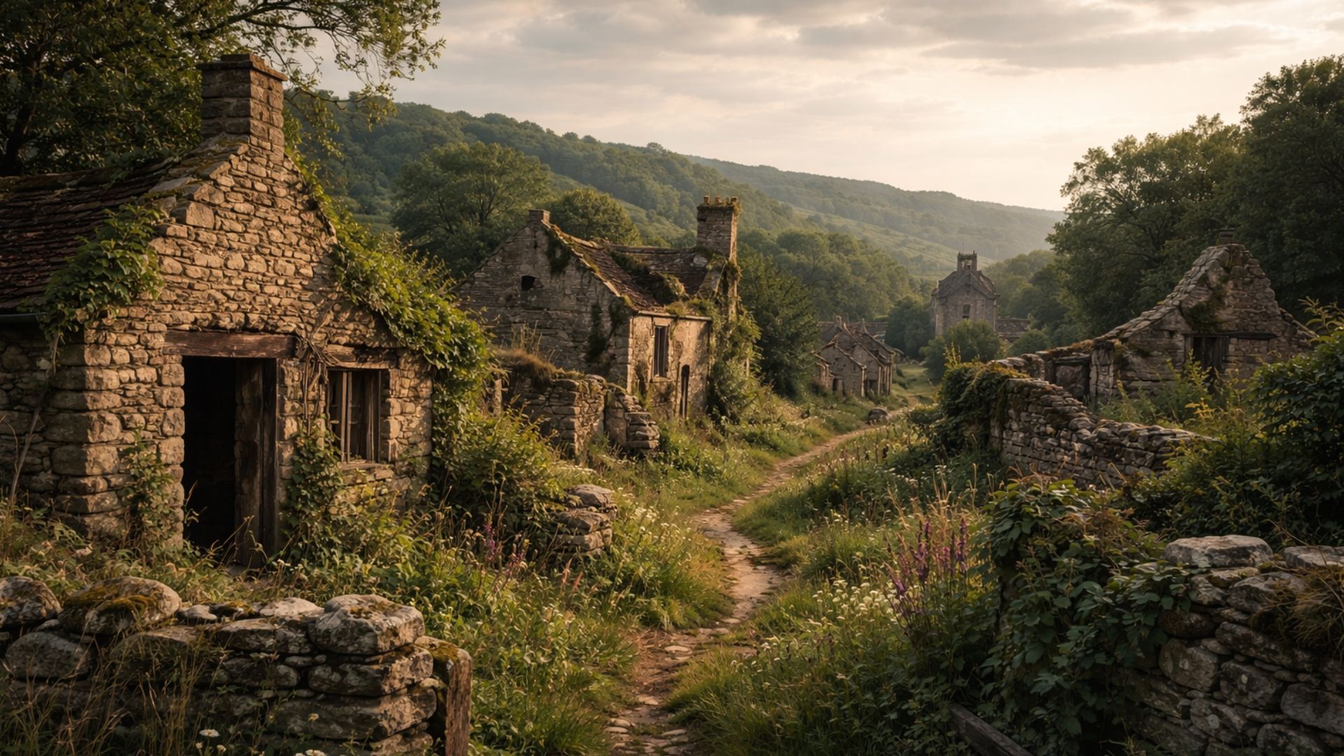 Dilapidated stone village nestled in a verdant valley, overgrown with vegetation, bathed in golden sunlight.