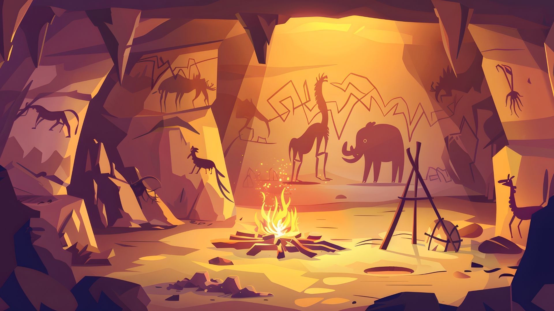 Cave interior with a campfire, prehistoric animal paintings on walls, and a warm glow.