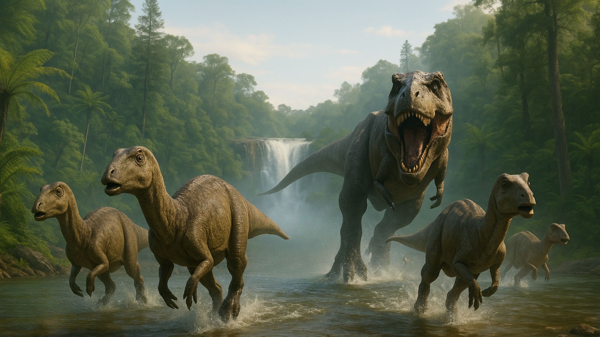 Tyrannosaurus Rex chases small dinosaurs through a river, jungle setting with a waterfall.