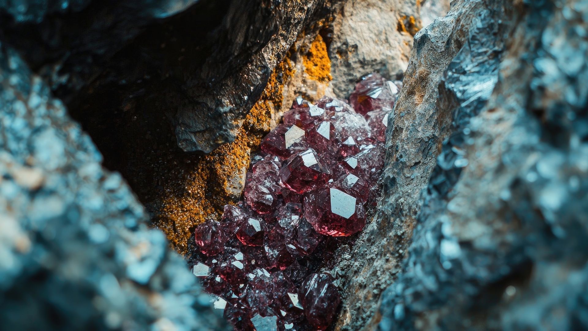 Close-up of a cluster of red, crystalline minerals in a cavity within gray and brown rock.