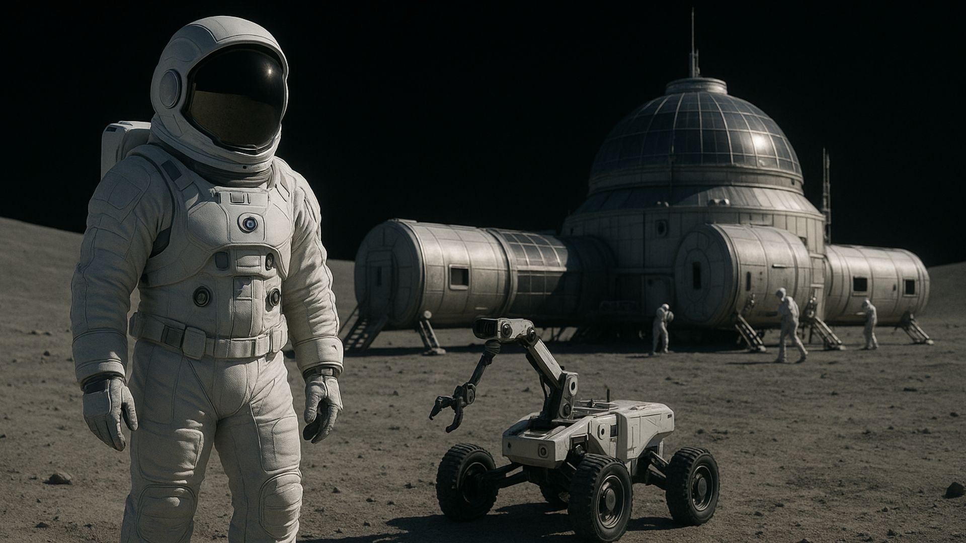 Astronaut on the moon, standing next to a rover with a robotic arm, base station in the background.