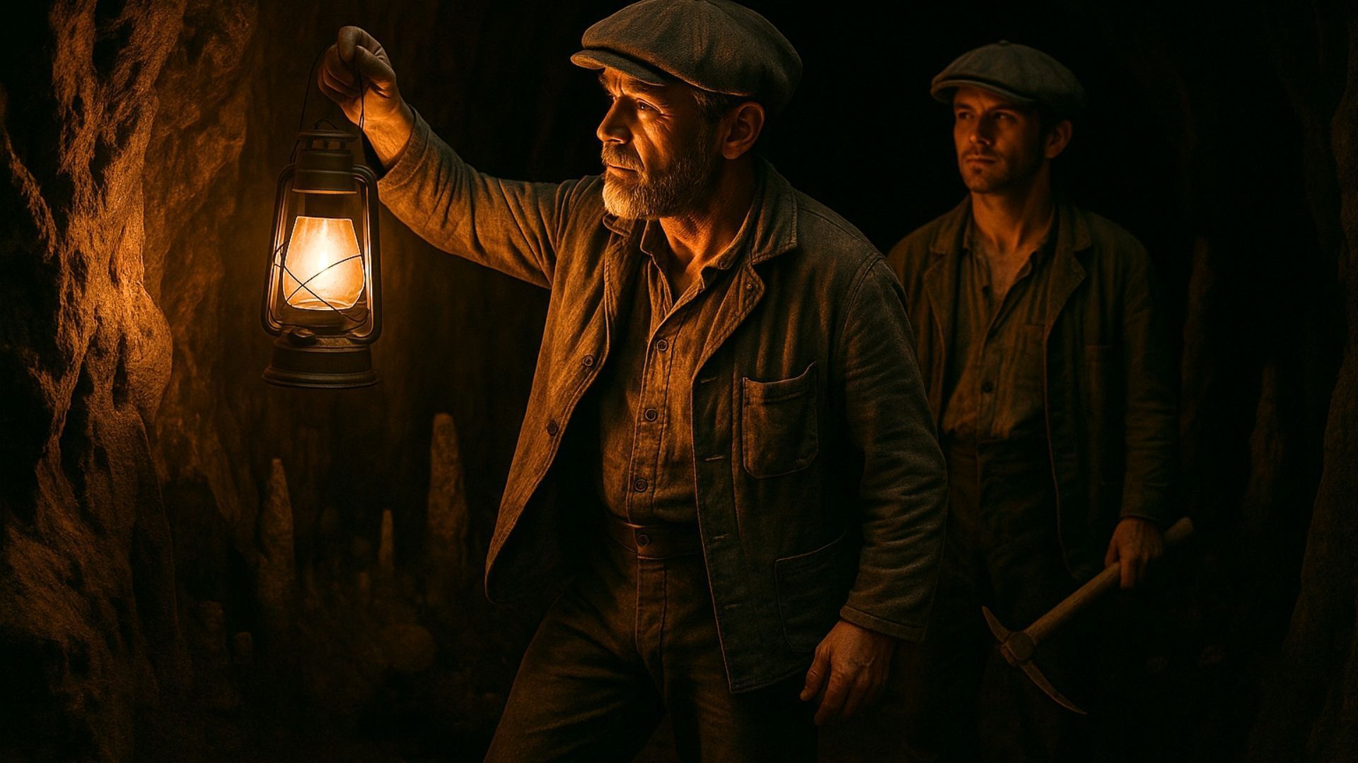 Two men explore a dark cave with a lantern. One holds it, the other has a pickaxe.