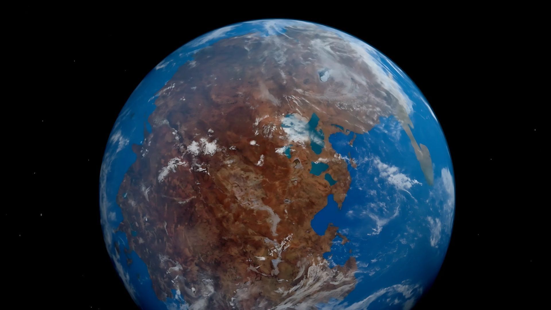A view of Earth from space, showing continents in shades of brown and oceans in blue.