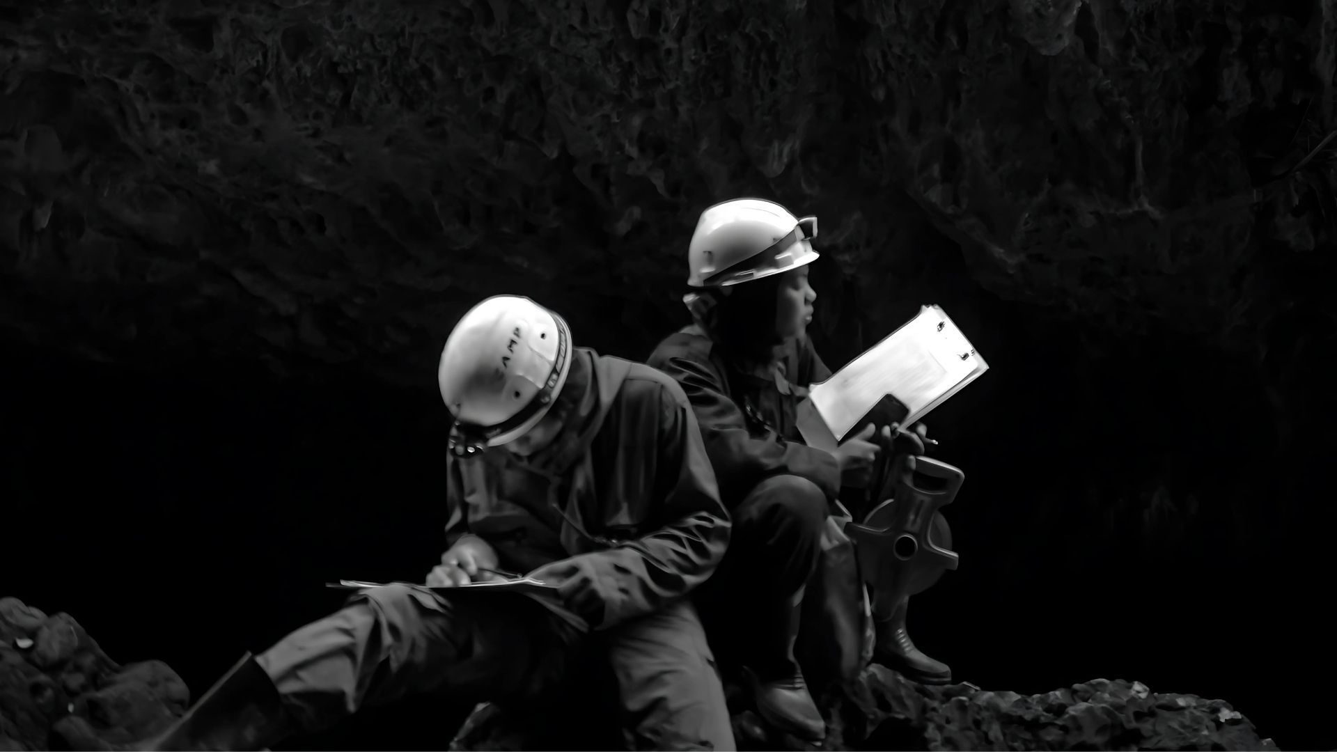 Two people in hard hats writing, illuminated in a dark cave.
