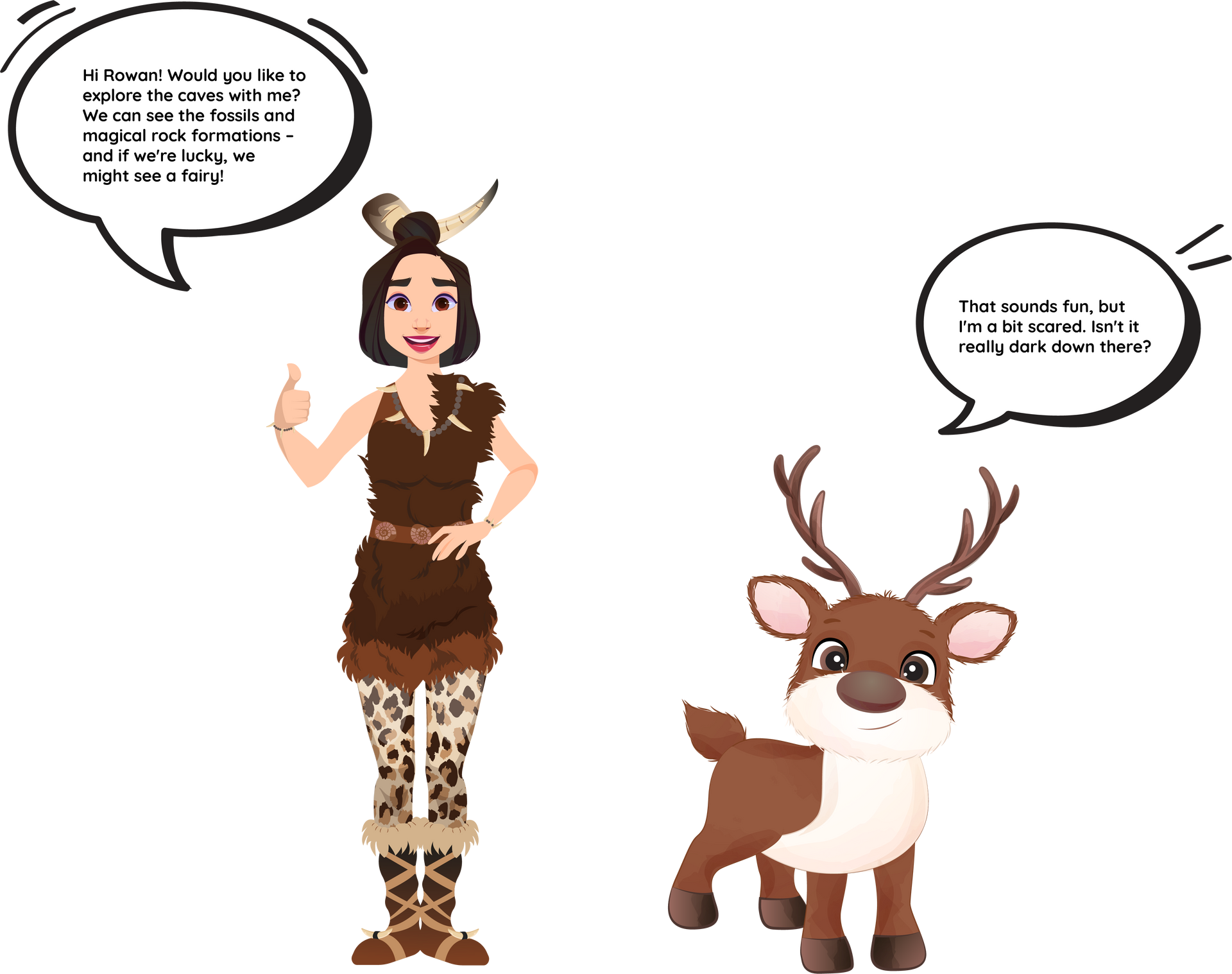 Woman in fur costume with deer, speech bubbles.