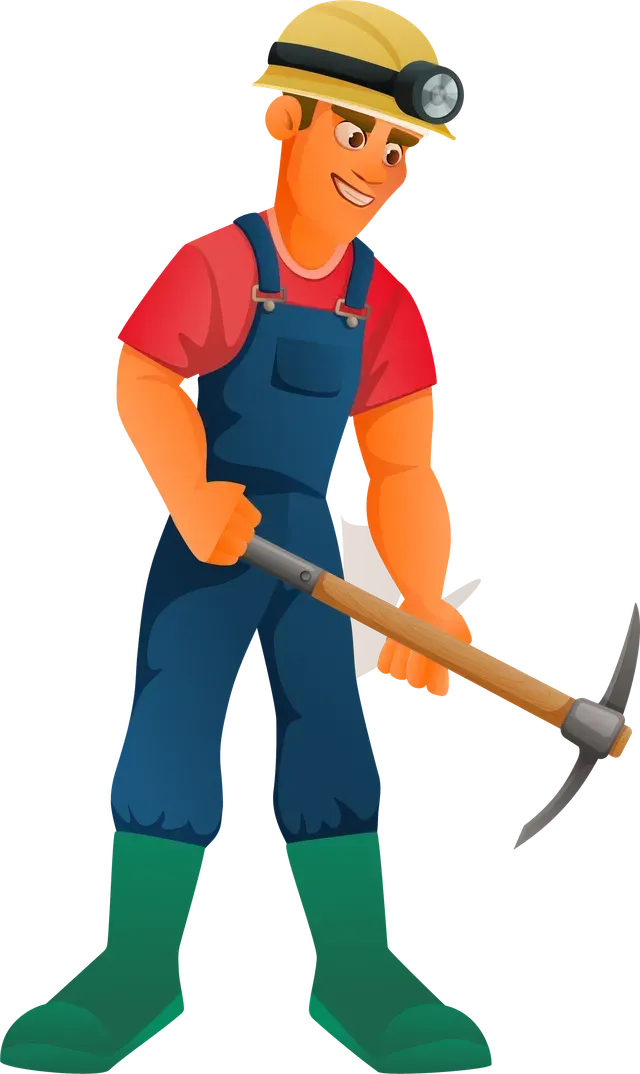 Miner in blue overalls, red shirt, and hard hat, smiling, holding a pickaxe.