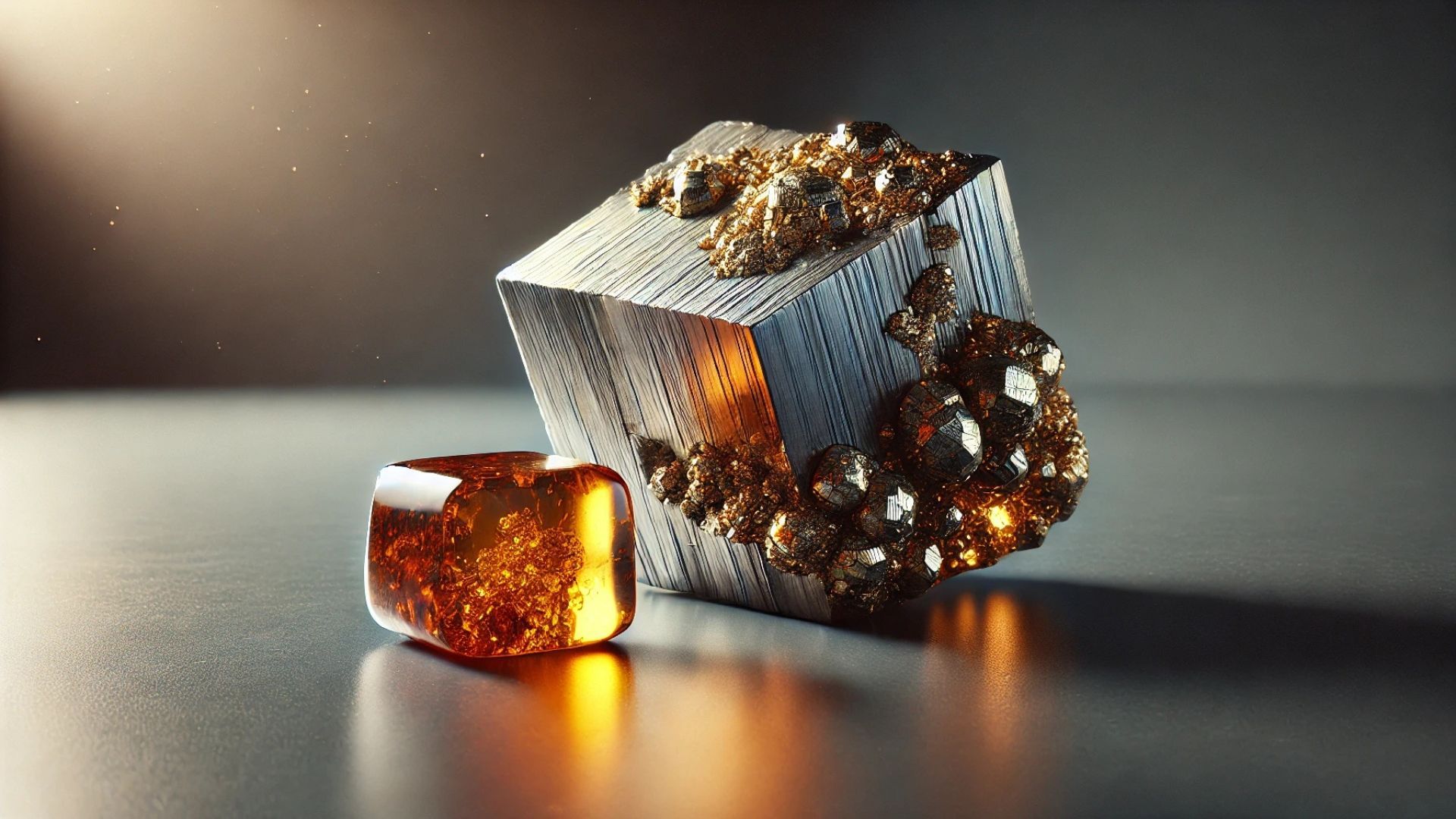 Cube and amber-colored rock objects with golden clusters on a reflective surface, lit from above.