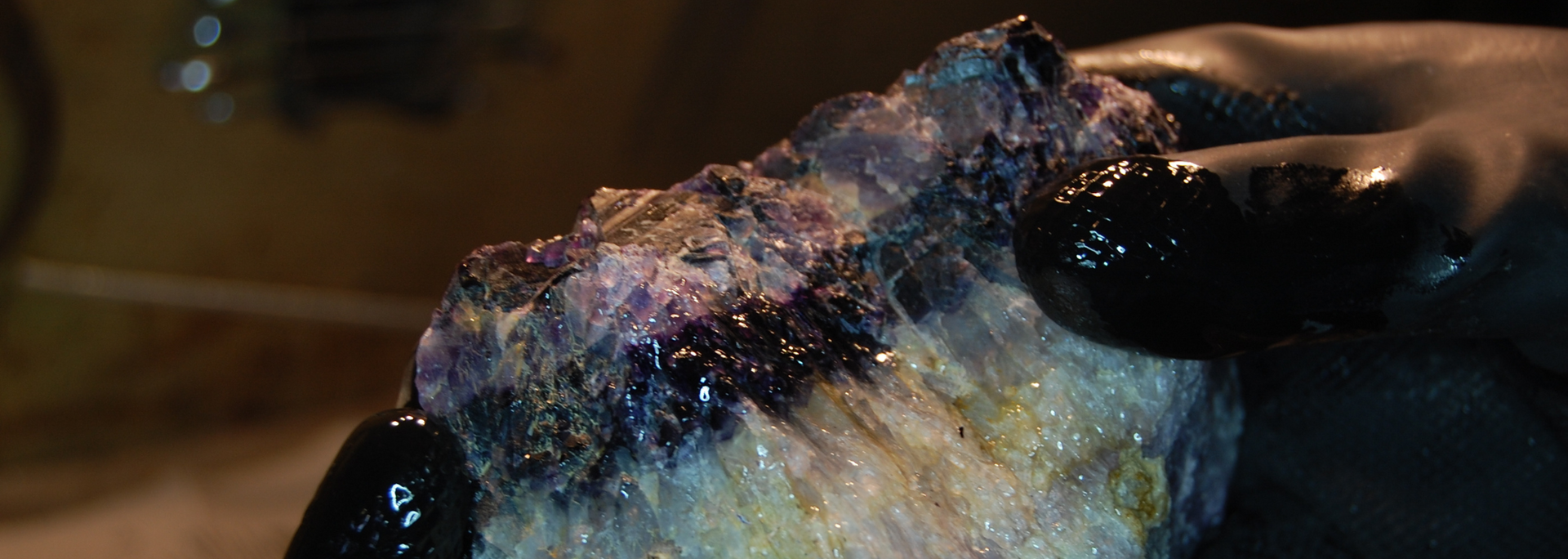 A hand in a black glove holding a rough piece of colorful fluorite. The stone is purple, blue, and yellow.