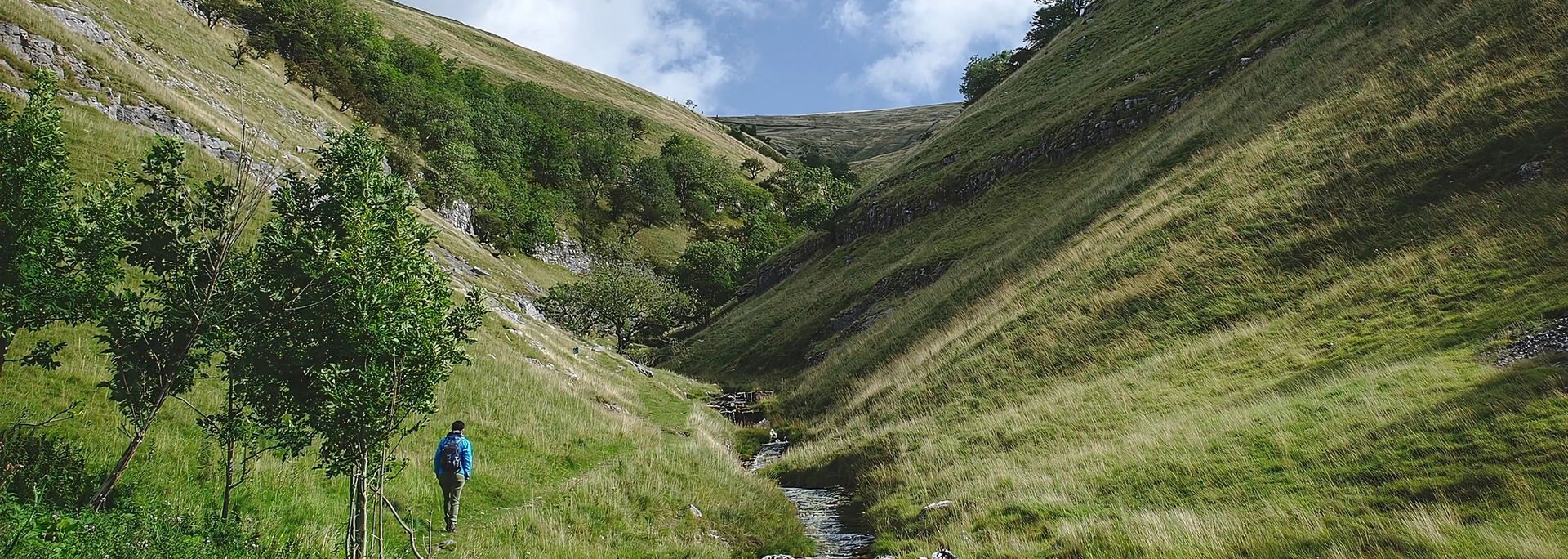 A person hikes through a green valley with a stream, blue sky above.