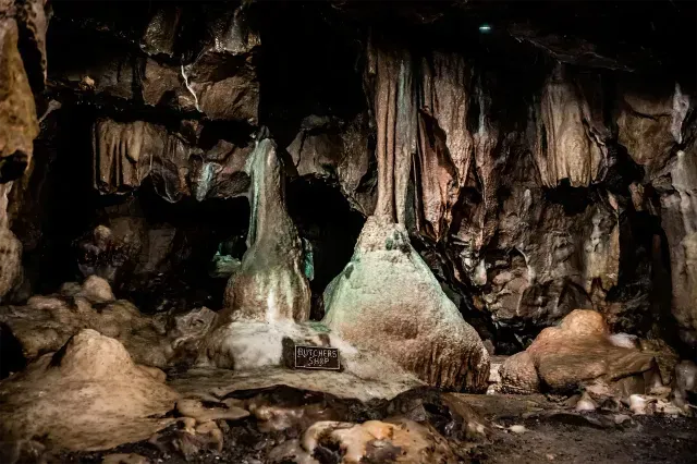 Cave formation with long, textured, brown stalactites hanging from the ceiling.