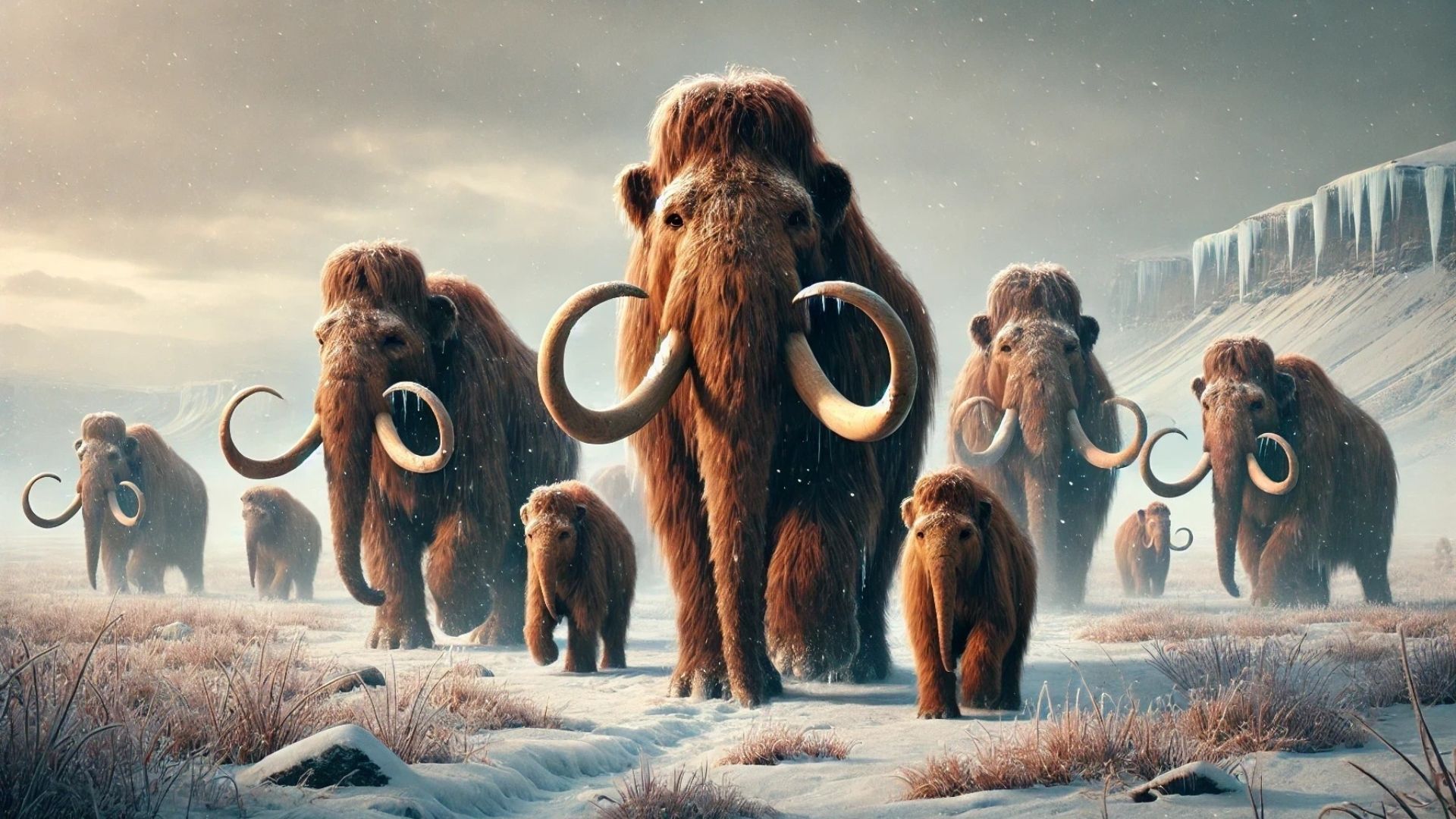 A herd of woolly mammoths on a snowy landscape, walking towards the viewer.