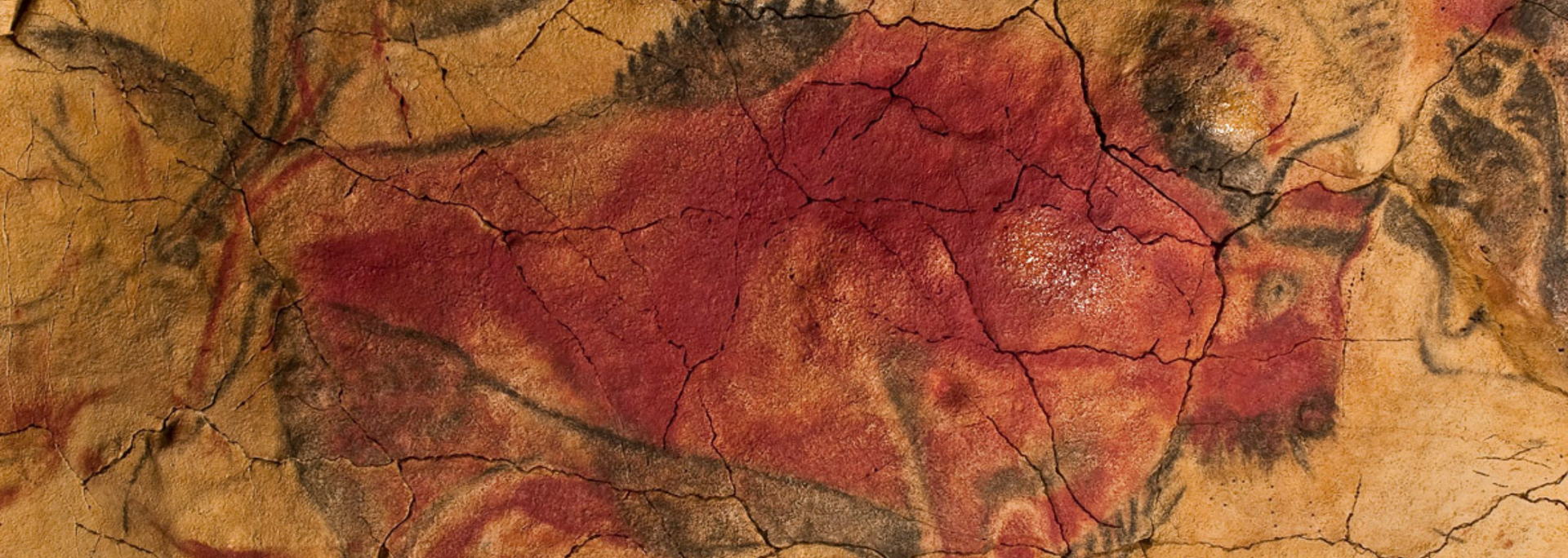 Cave painting of a reddish-brown animal on a tan background, with dark outlines and details.