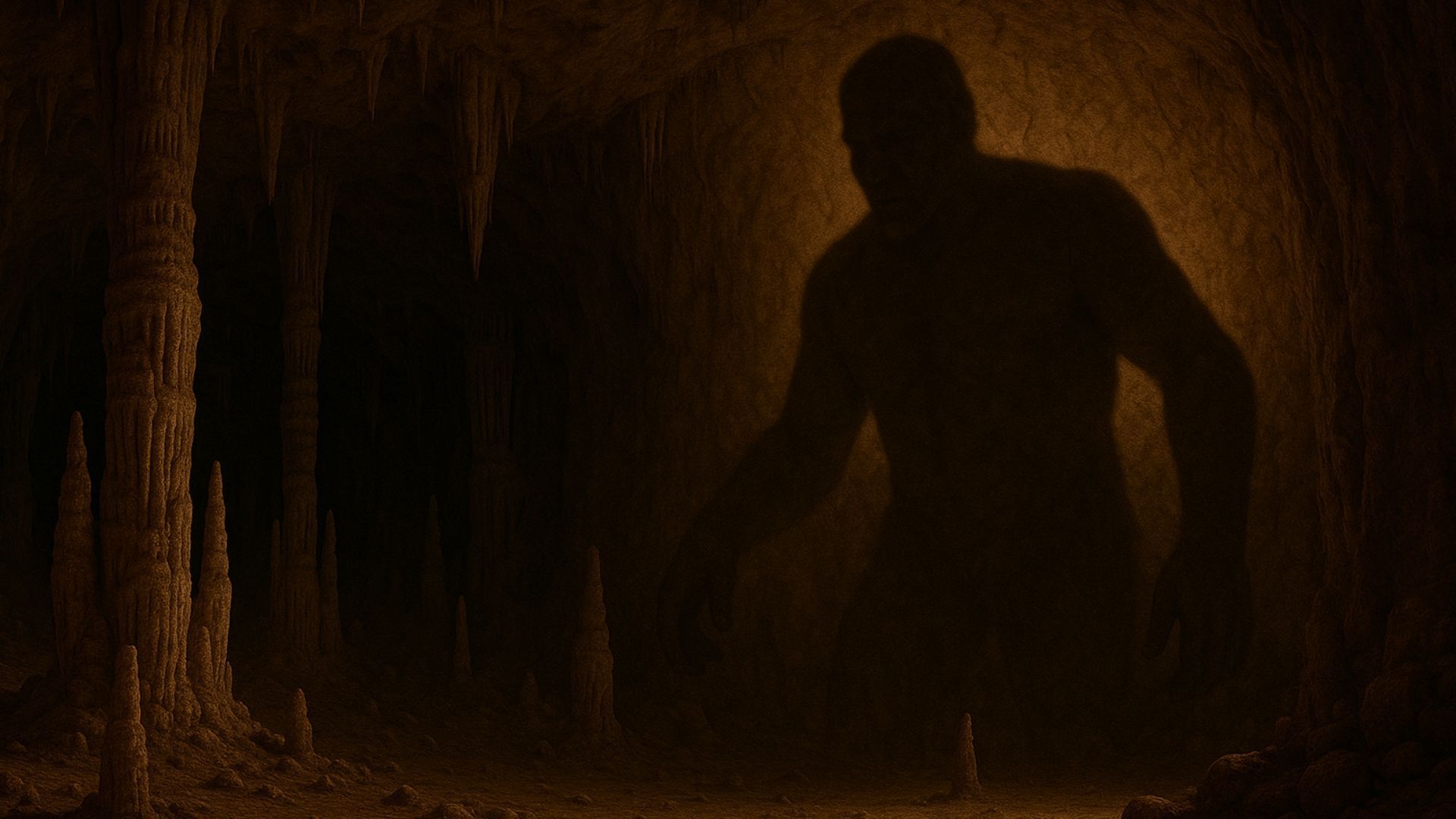 Silhouette of a large figure in a cave, reaching out in dim lighting, with stalactites visible.