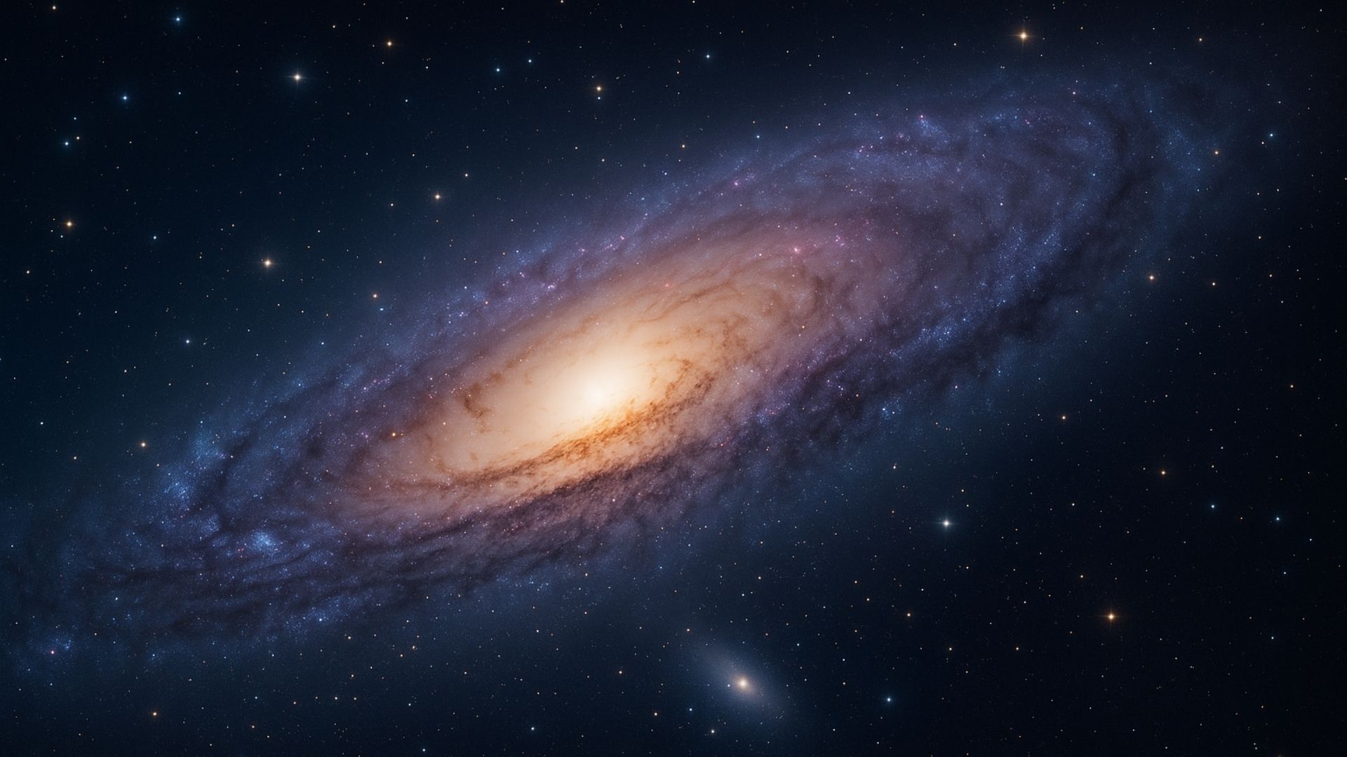 Spiral galaxy with swirling arms, core of golden light, surrounded by stars in dark space.