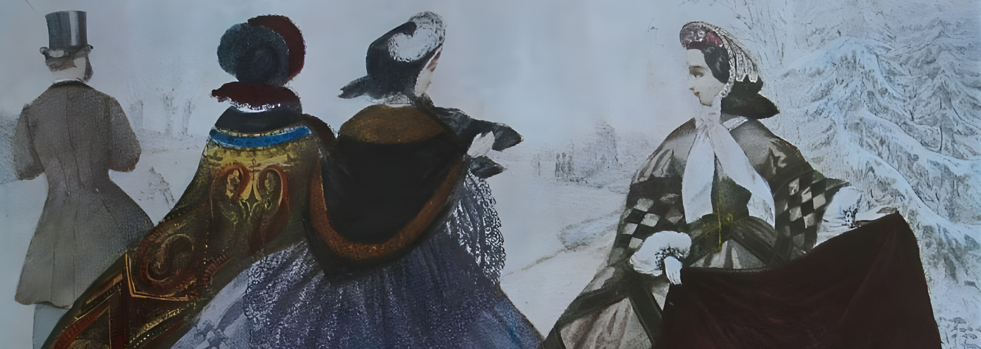People in historical dress walking in a snowy landscape.
