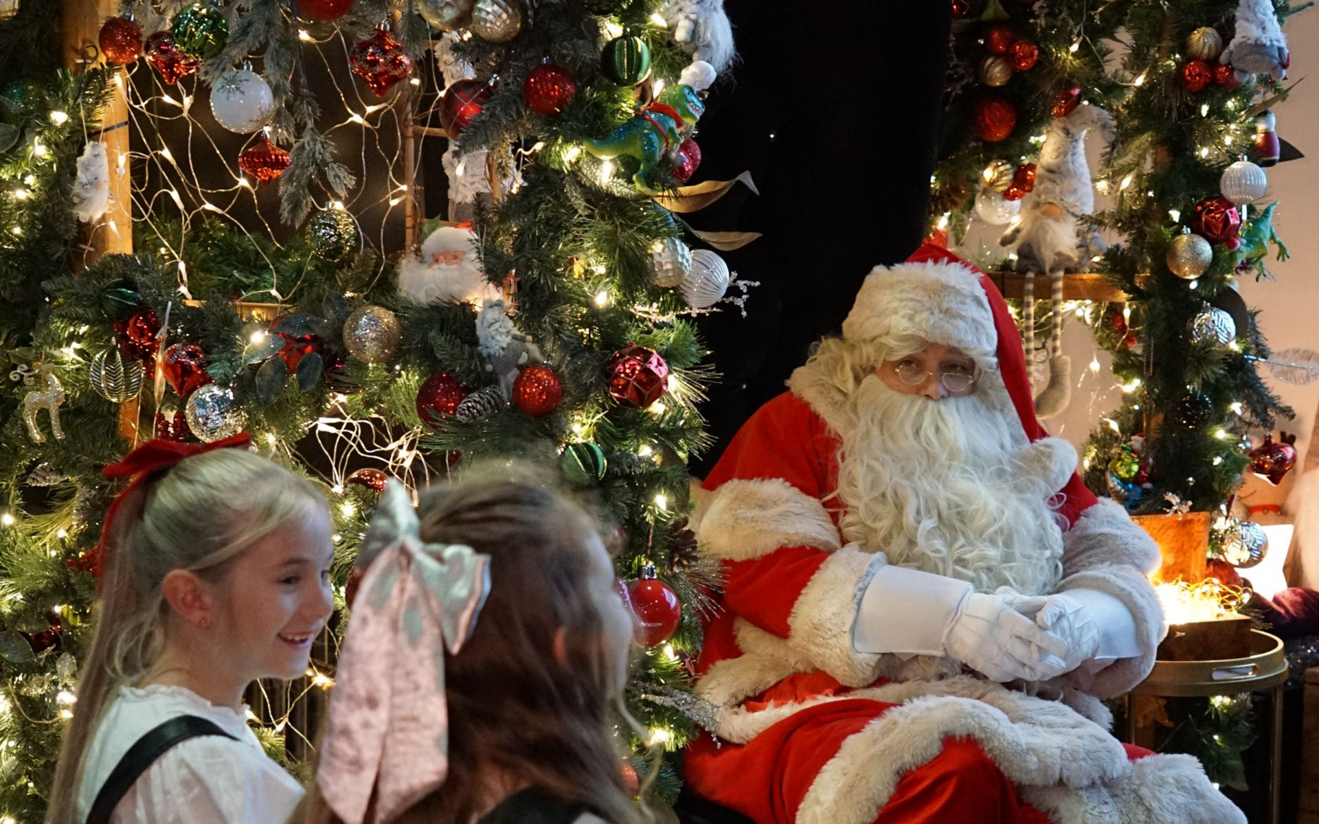 Santa sitting by decorated Christmas trees with two children in the foreground