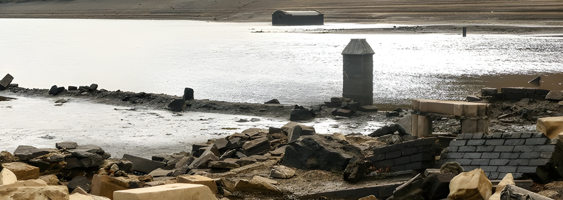 Ruins of buildings emerging from a receding body of water. A cylindrical tower stands near the shore.