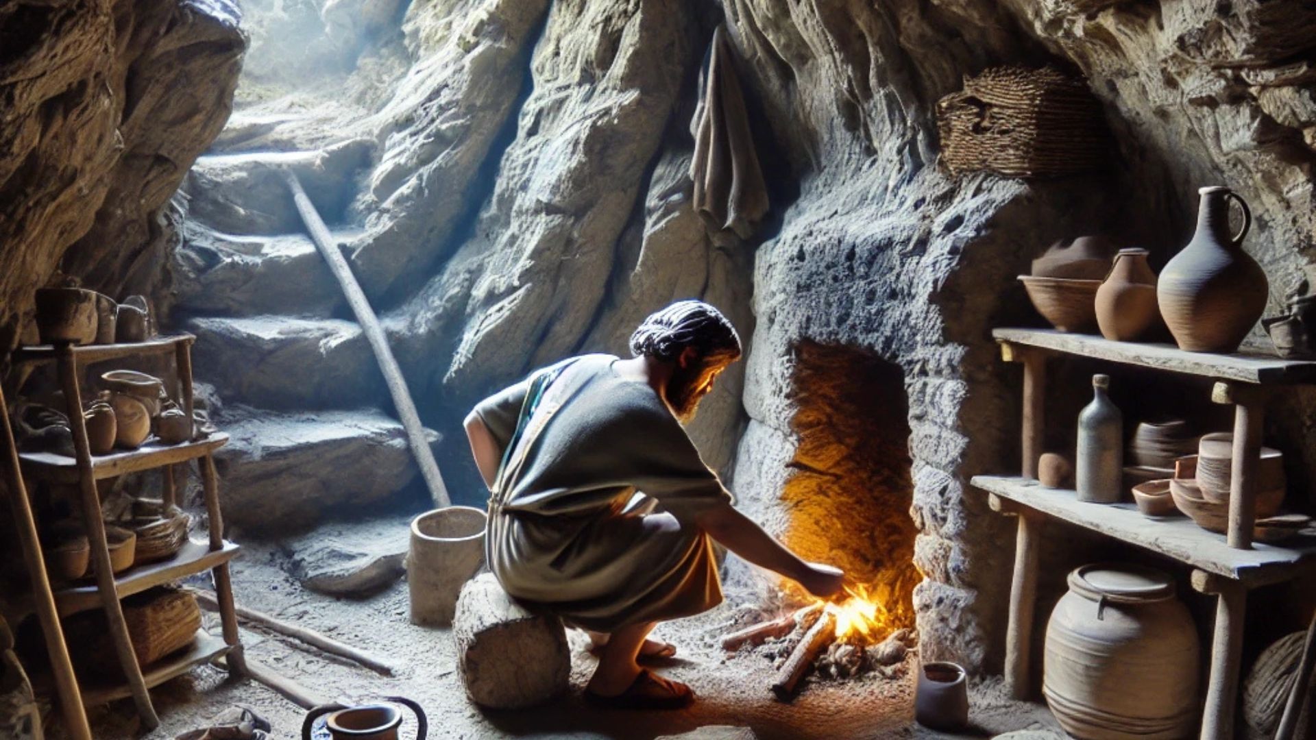 Man lighting a fire in a cave, surrounded by pottery and shelves, warm glow.
