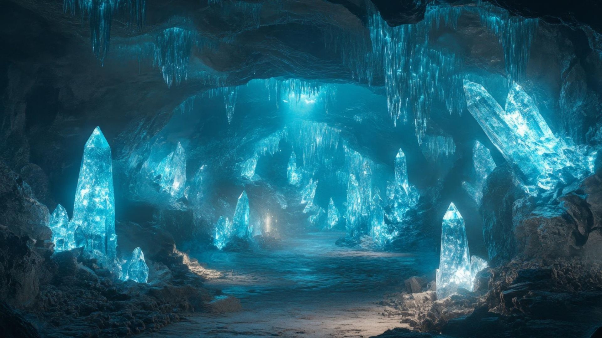Luminous blue crystals and formations illuminate a cave.
