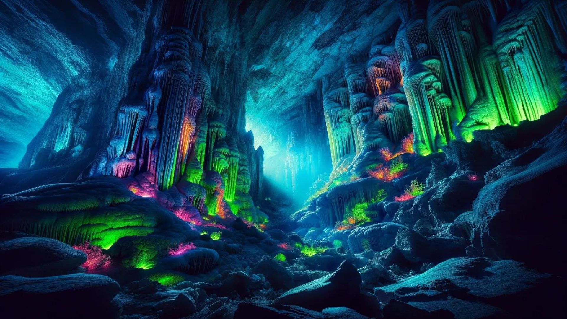 Cave interior with colorful glowing stalactites and light beams, in shades of blue and green.