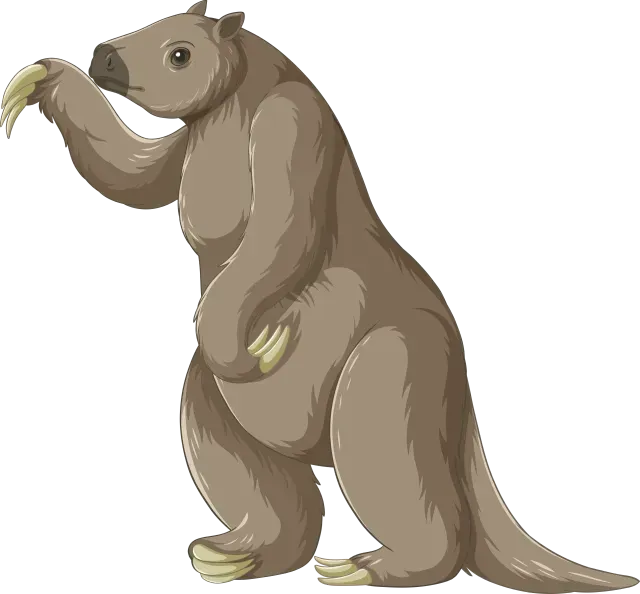 Cartoon illustration of a giant ground sloth with large claws standing upright, brown fur.