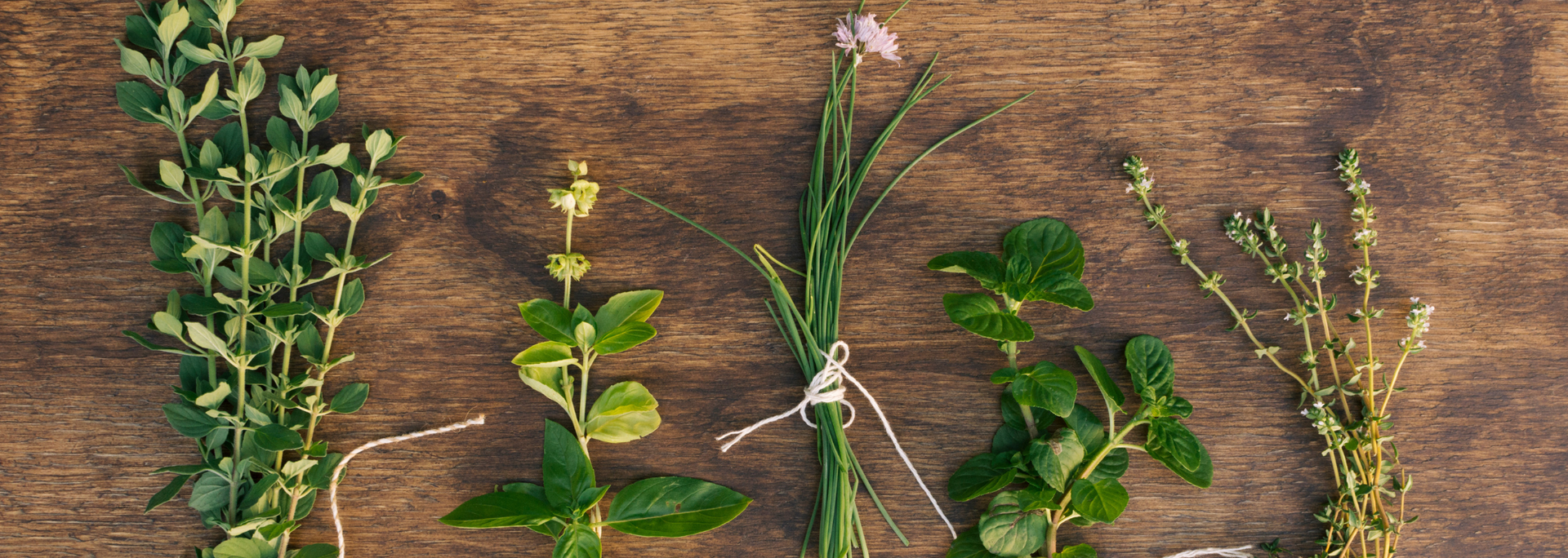 Bundles of fresh herbs tied with twine on a wooden surface.
