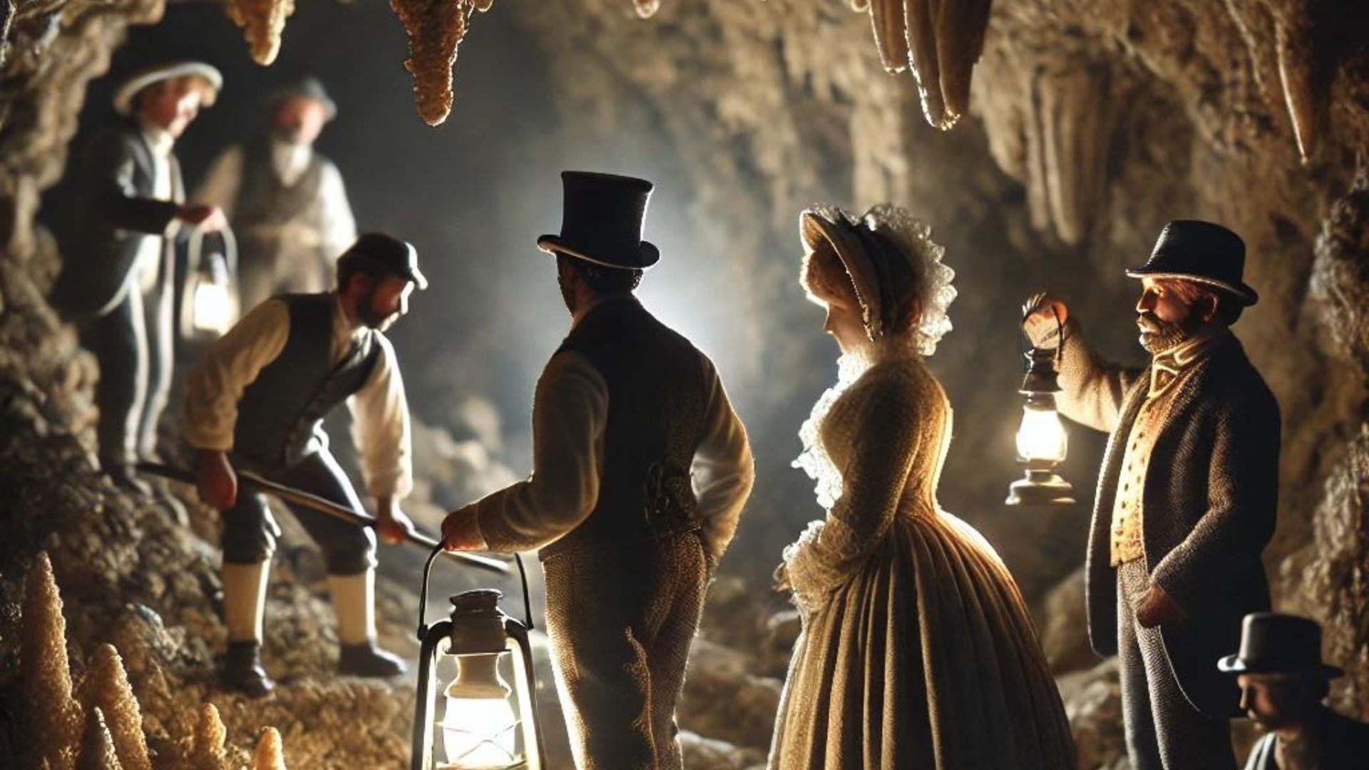 People in Victorian attire exploring a cave, illuminated by lanterns.