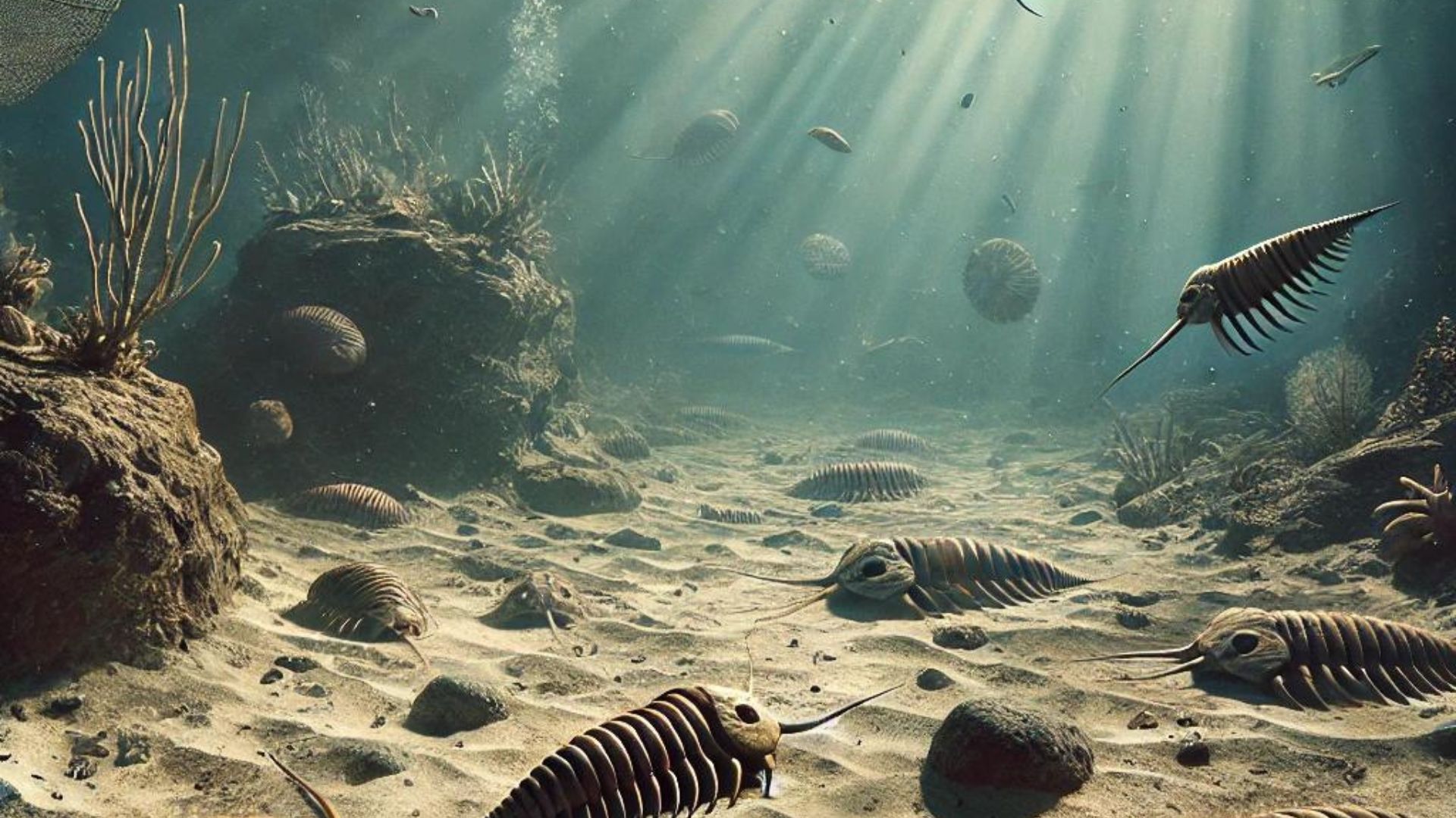Underwater scene with trilobites on the sandy ocean floor. Sunlight streams down, illuminating the ancient seabed.