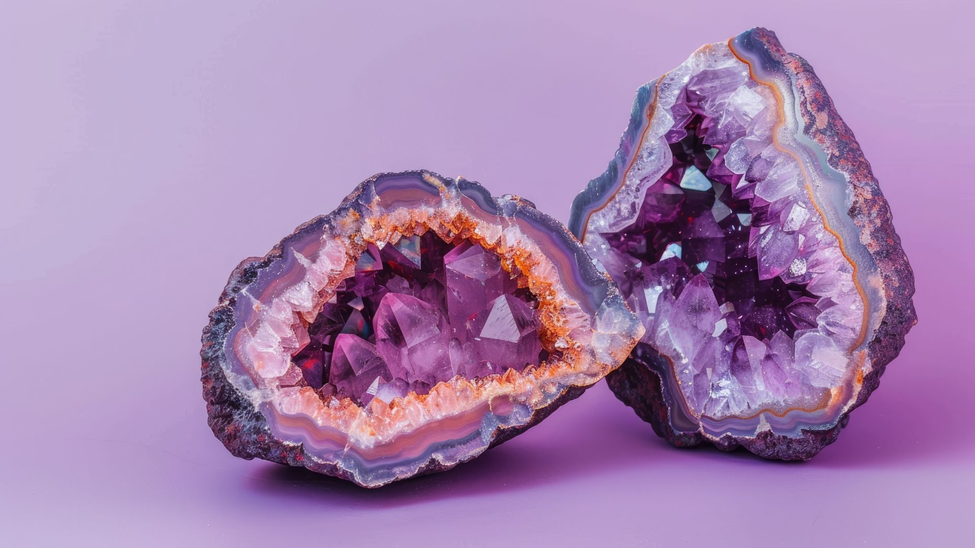 Two amethyst geode halves with purple crystals against a purple backdrop.