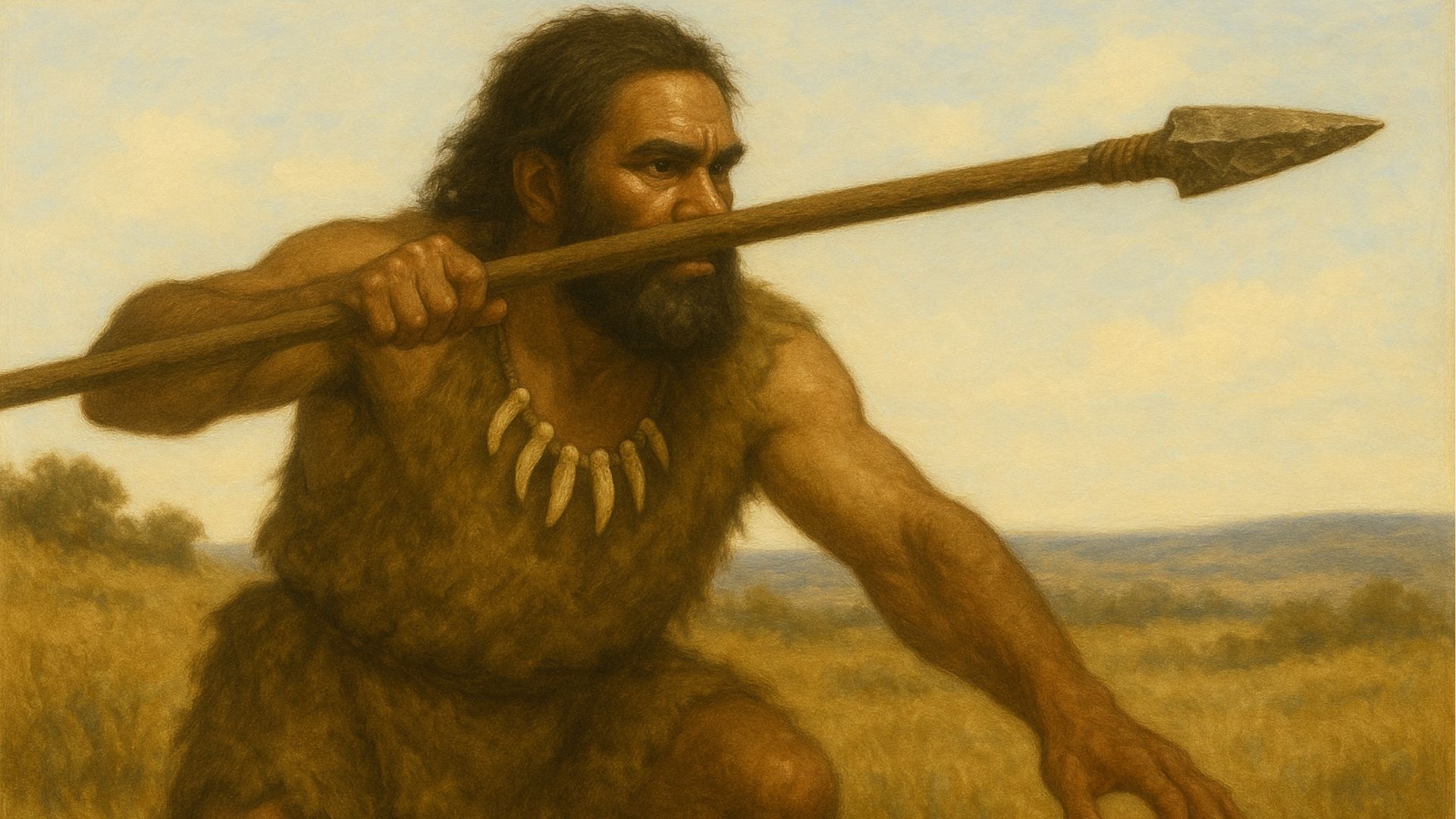 Hunter aiming spear in grassy field. He wears fur clothing and a tooth necklace.