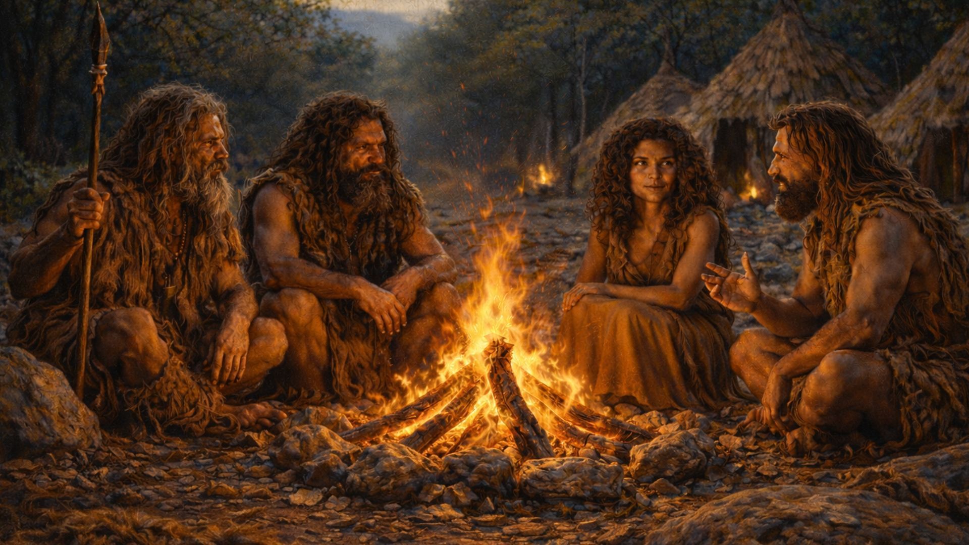 Four cave dwellers by a fire, talking. Two men are holding sticks and wearing animal fur.