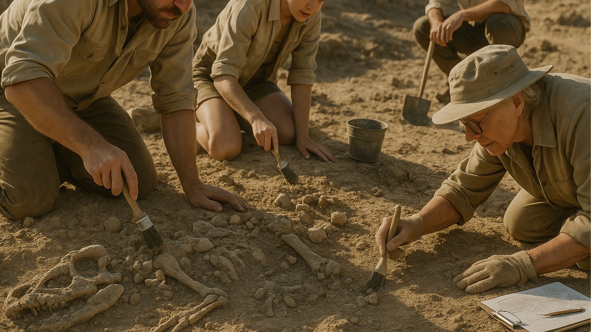 Archaeologists excavate fossilized dinosaur skeleton in sandy terrain, using brushes and tools.