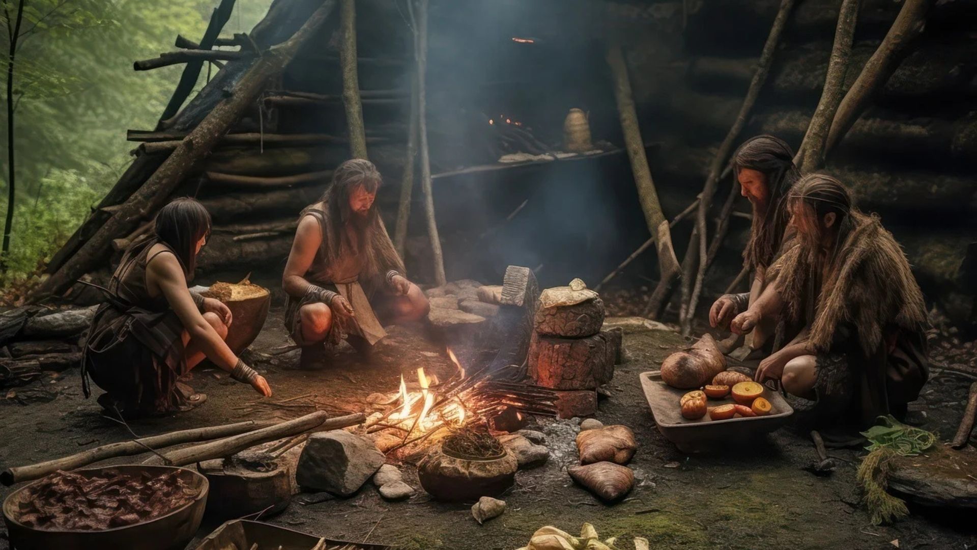 People in animal skin garments gather around a fire in a rustic forest shelter, cooking food.