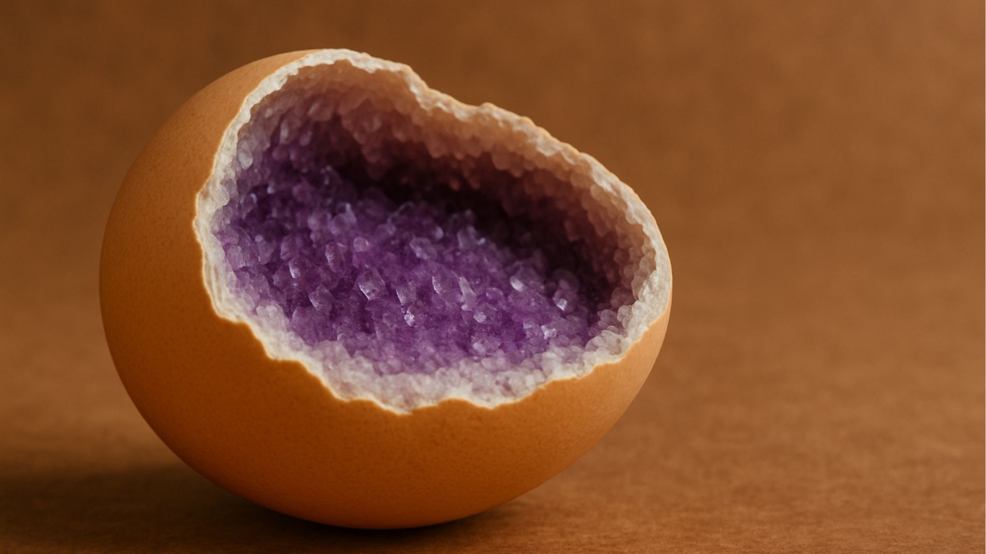 Eggshell with a cavity filled with purple crystals.