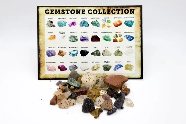Gemstone collection with card showing assorted gems and a pile of loose, colorful stones.