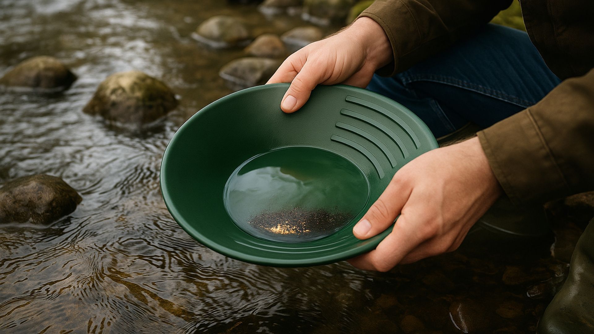 Hands holding a green gold pan with water and specks of gold in a stream.